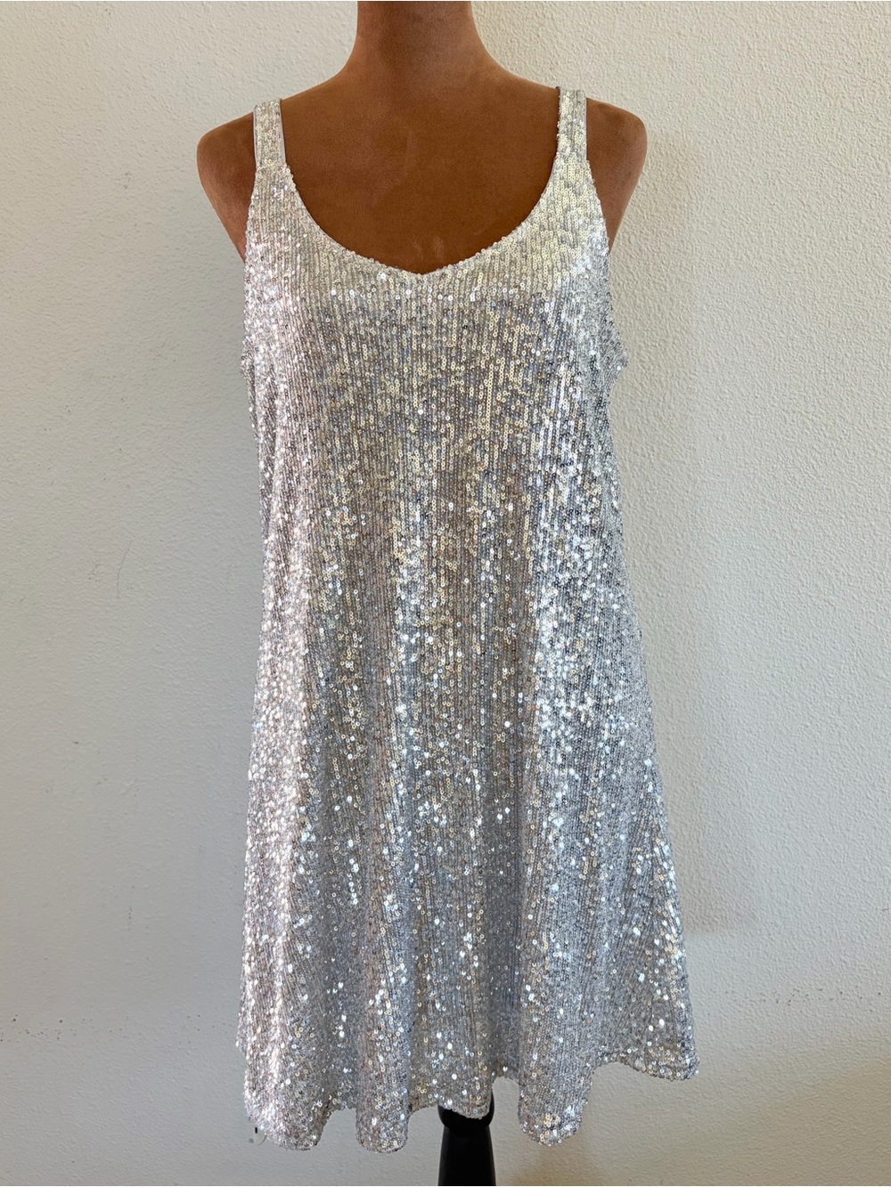 Silver Sequin V-Neck Slip Dress